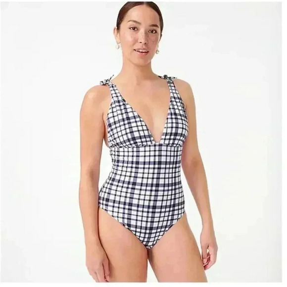 J. Crew Tie-shoulder one-piece swimsuit in marine plaid Navy Blue White - Picture 1 of 4